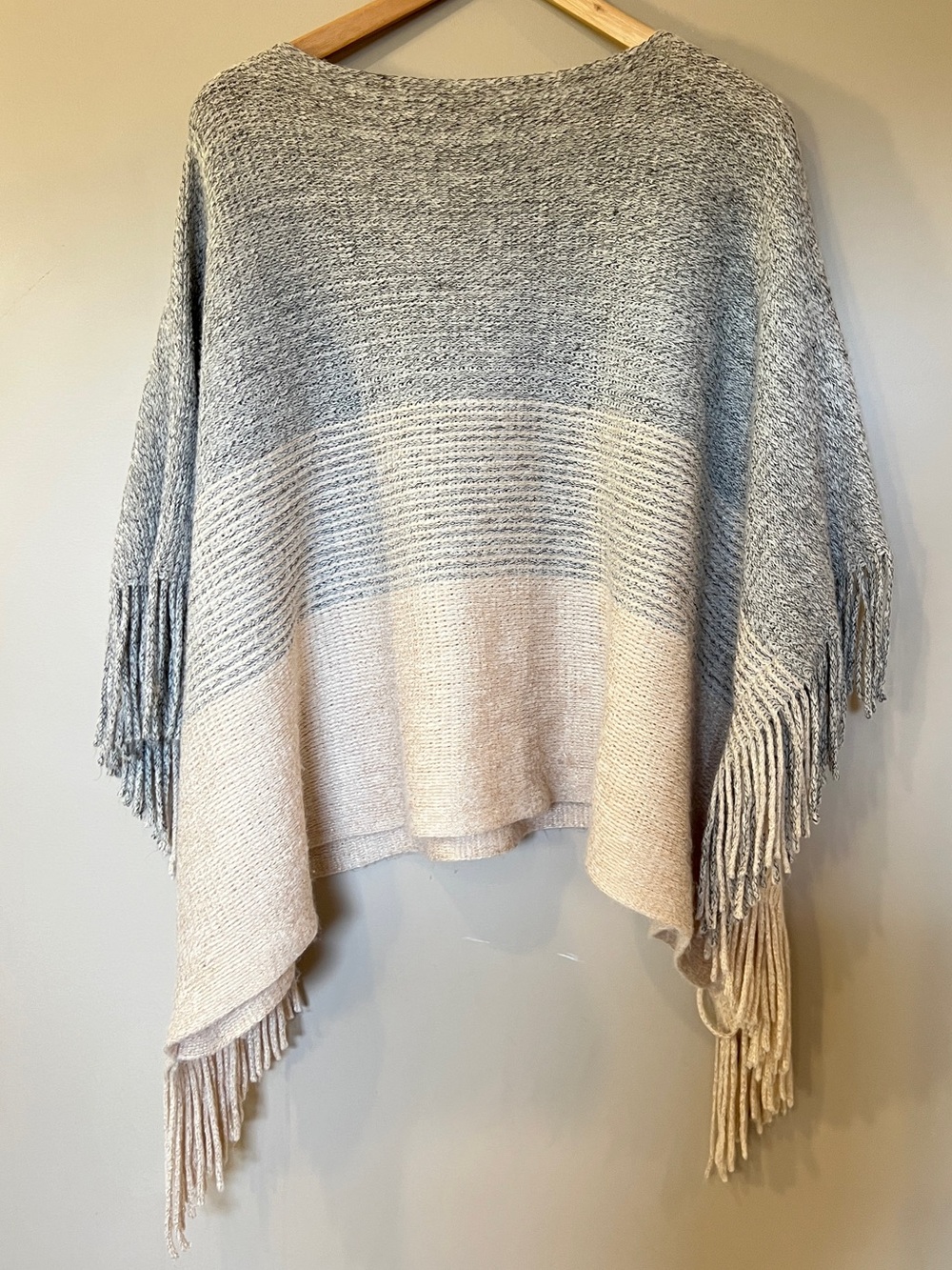 Ombre Gray & Cream Fringe Knit Poncho Sweater - Picture 3 of 5